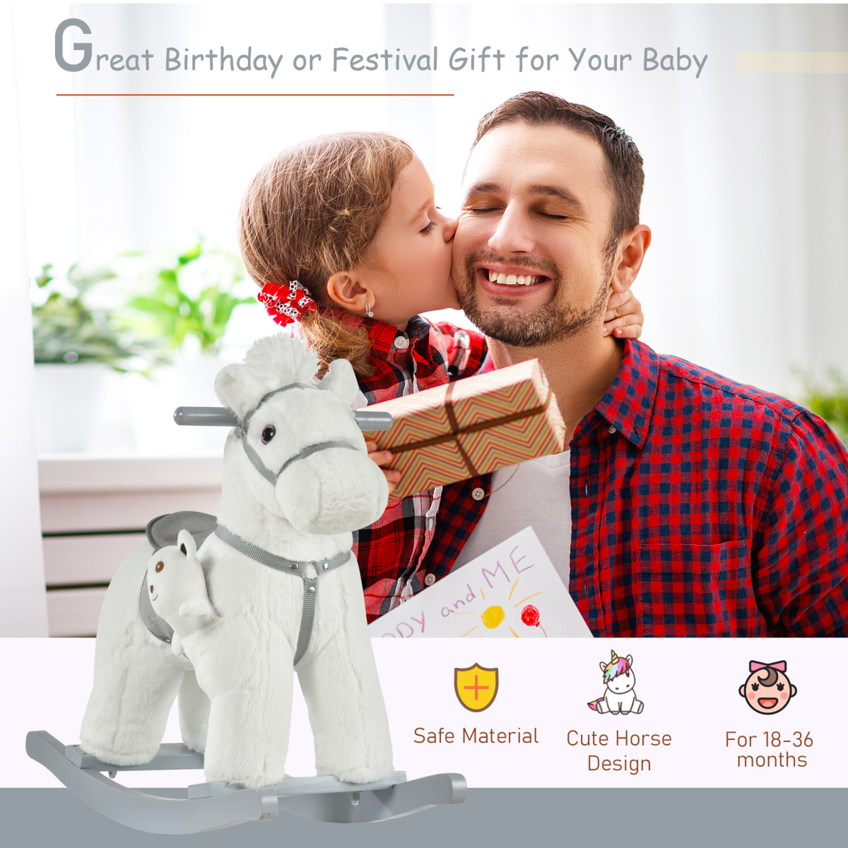 Kids Plush Ride-On Rocking Horse with Plush Toy Sound Handle Grip