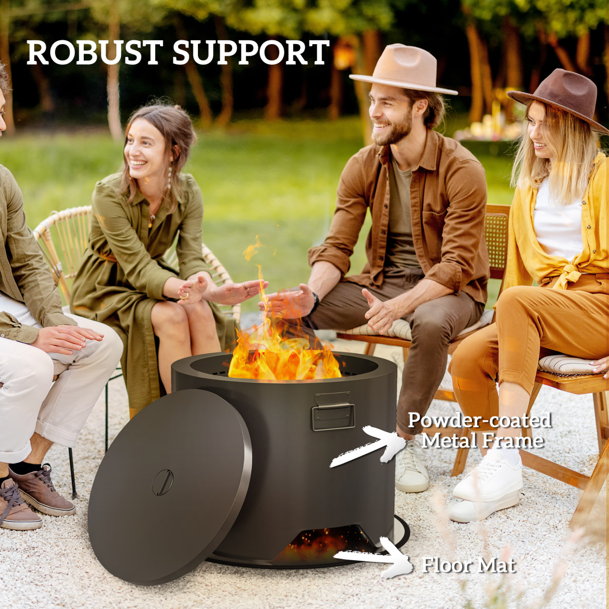Outdoor Round Fire Pit with Lid, Firepit with Fire Poker, Black