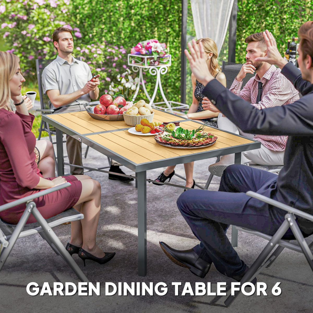 Garden Table for 6, Outdoor Dining Table with 5cm Umbrella Hole