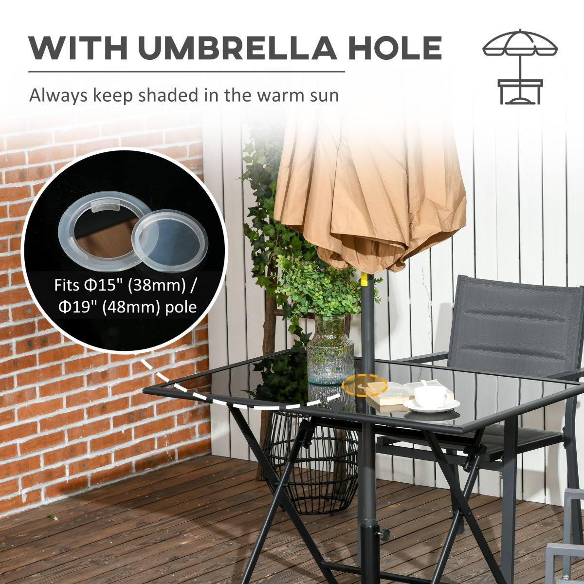 Folding Outdoor Table for 6, Rectangle Glass Top with Parasol Hole 110x70x70cm