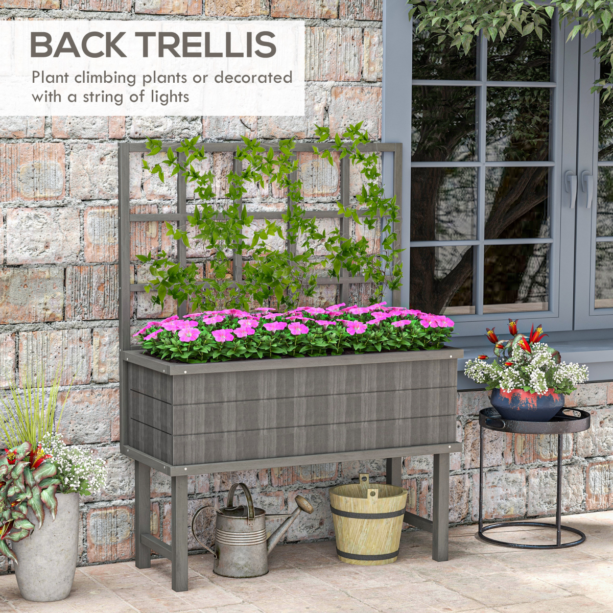 Wood Raised Planter w/ Trellis Drain Holes Elevated Garden Bed Grey