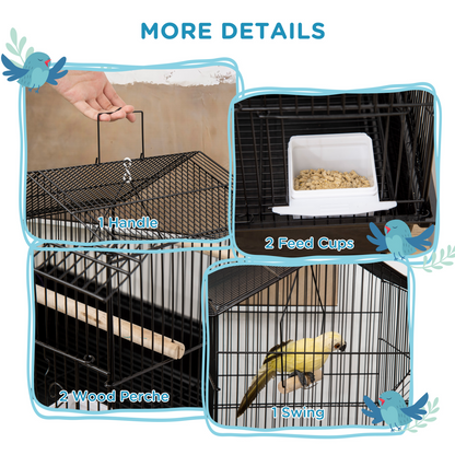 Metal Bird Cage w/ Plastic Perch Food Container Handle 50.5 x 40 x 63cm Black