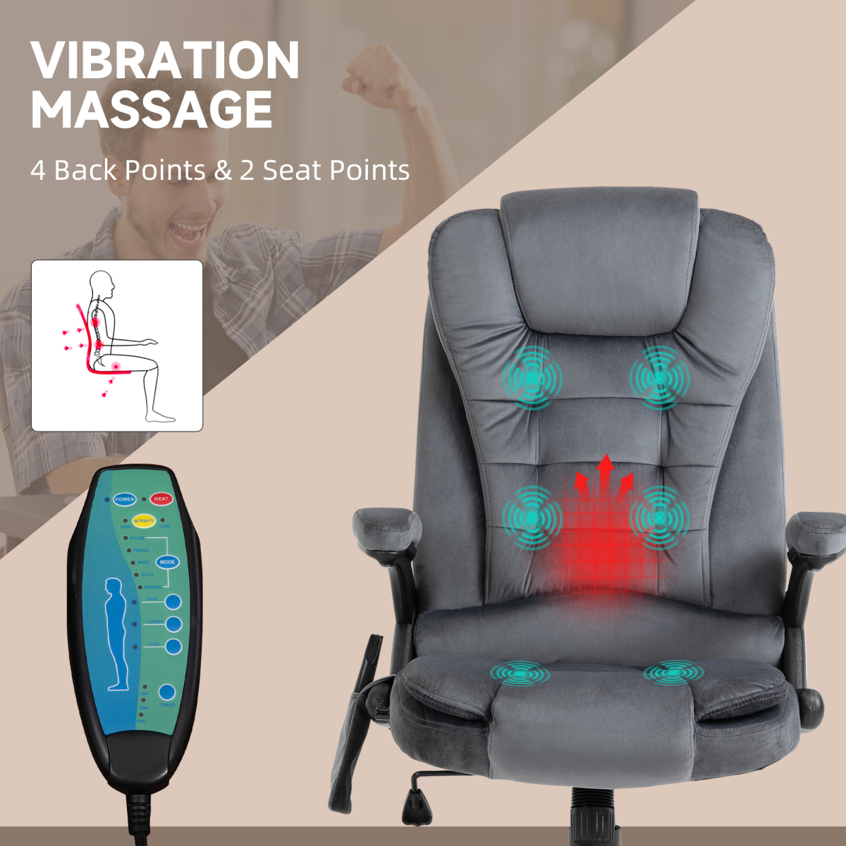 Executive Reclining Chair w/ Heating Massage Points Relaxing Headrest Grey