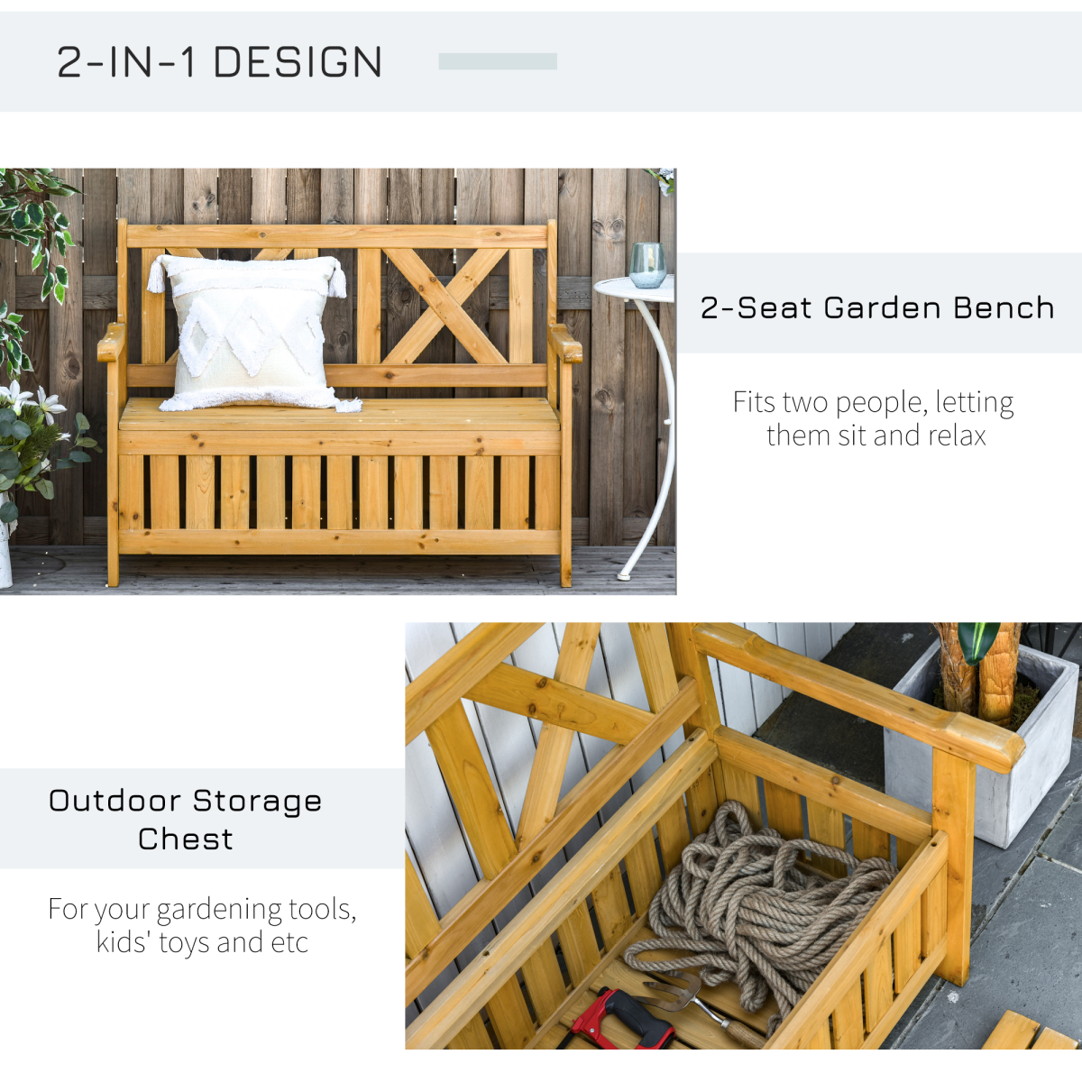 2-Seater Garden Storage Bench for Patio Wood Porch Decor Outdoor Seating