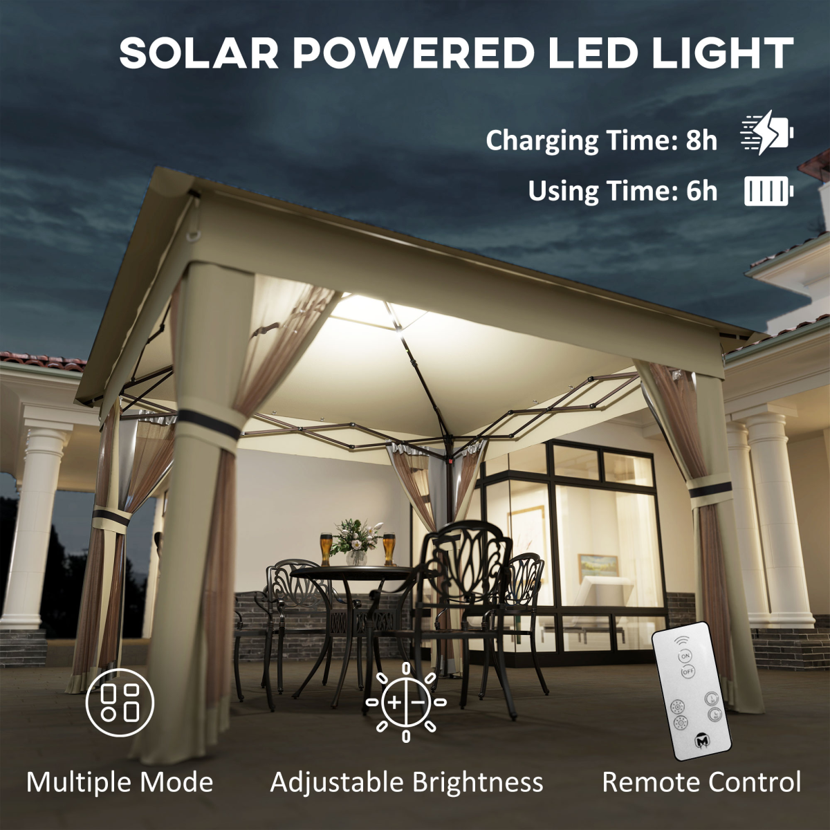 3x3(m) Pop Up Gazebo w/ Solar-Powered LED Lights Curtain Netting Khaki