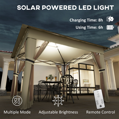 3x3(m) Pop Up Gazebo w/ Solar-Powered LED Lights Curtain Netting Khaki