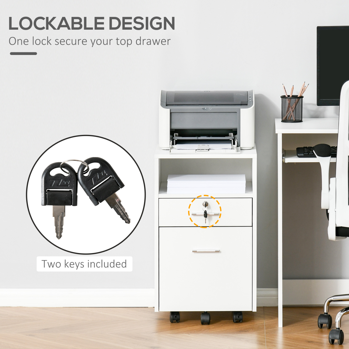 Mobile File Cabinet Lockable Documents Storage w/ 5 Wheels White