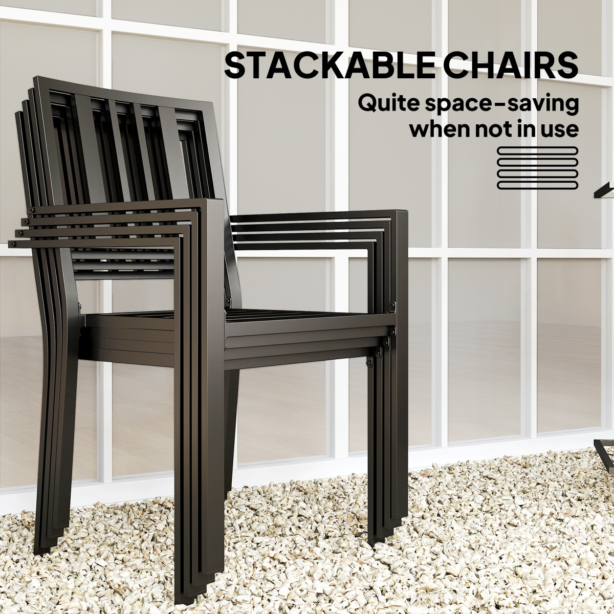 Garden Dining Set w/ 4 Stackable Cushioned Chairs and Metal Top Table
