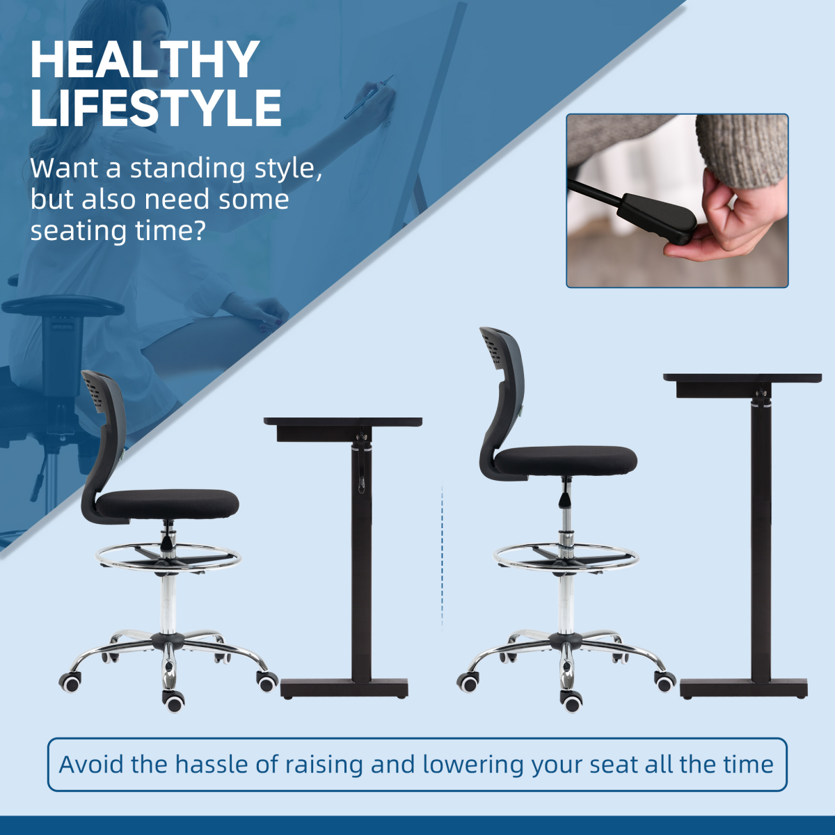 Draughtsman Chair, Tall Office Chair with Lumbar Support, Grey