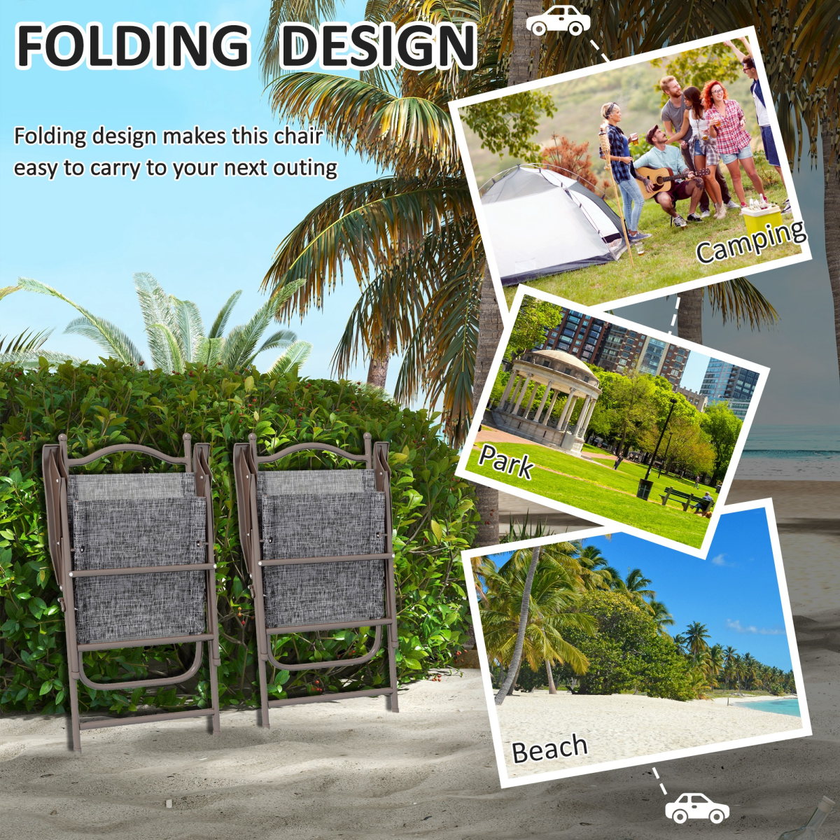Folding Chairs Set with Armrest, Breathable Mesh Fabric Seat, Grey