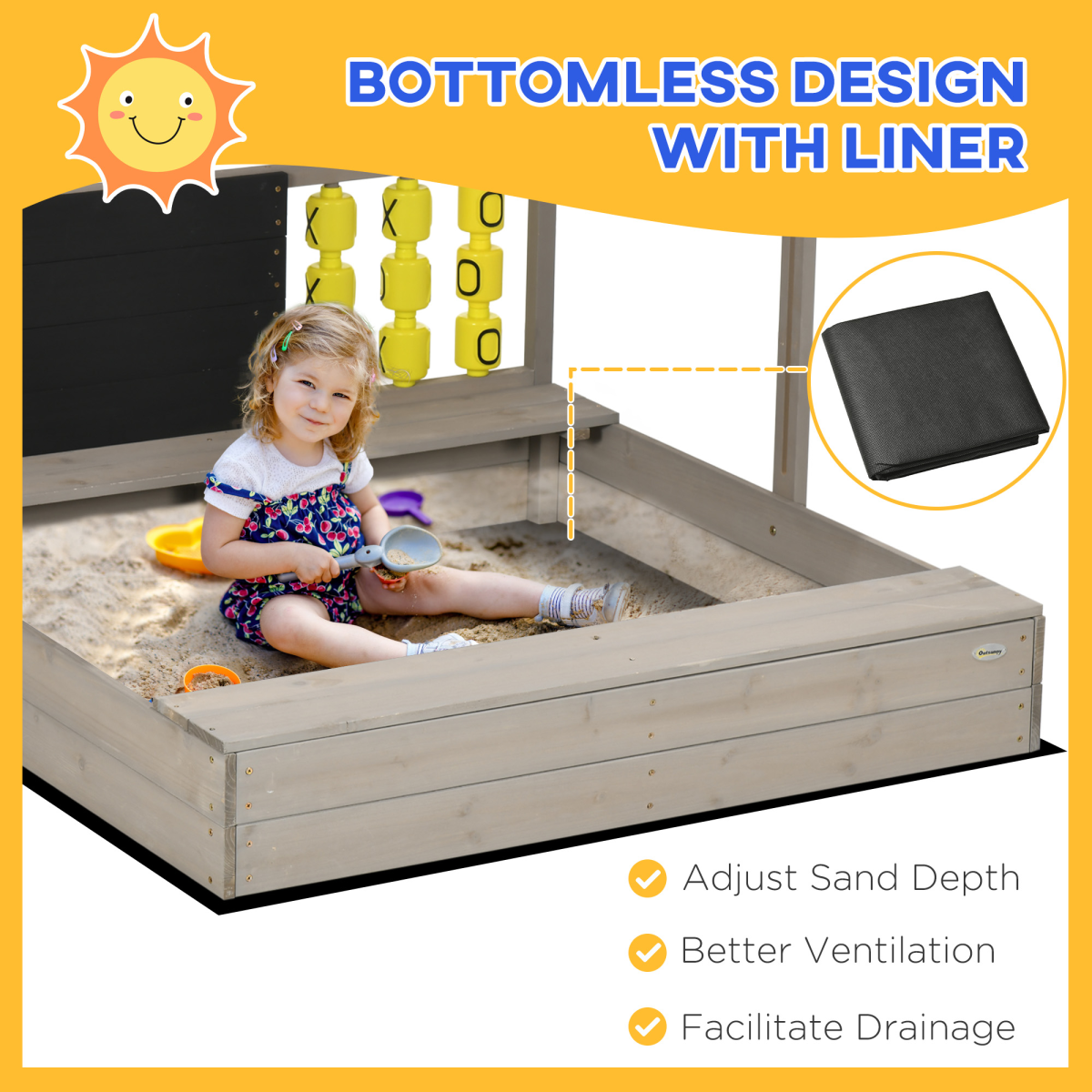 Kids Wooden Sandpit, Sandbox w/ Canopy, Seats, for Gardens - Grey