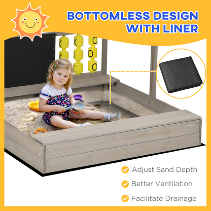 114 x 113cm Kids Wooden Sandpit with Adjustable Canopy and Seats Grey