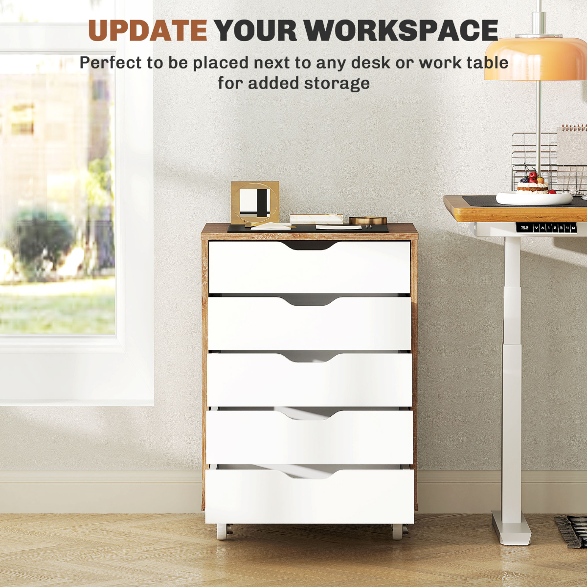Mobile Filing Cabinet, 5-drawer File Cabinet with Wheels, Oak