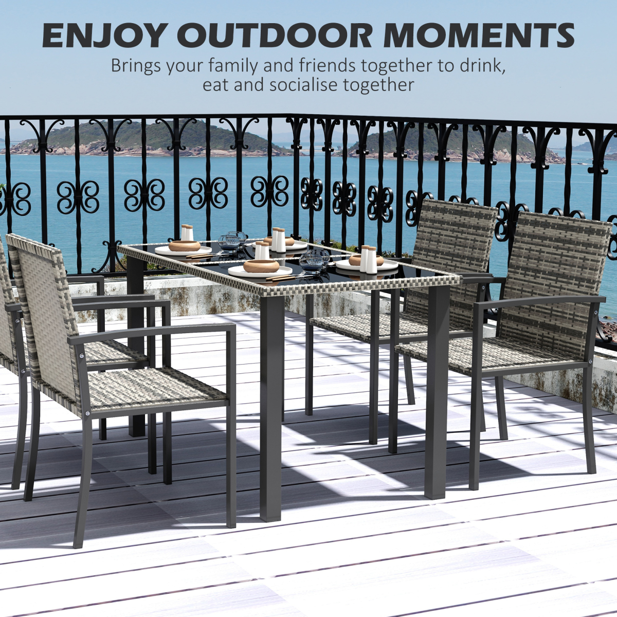 4 Seater Rattan Garden Furniture Set with Glass Tabletop - Mixed Grey