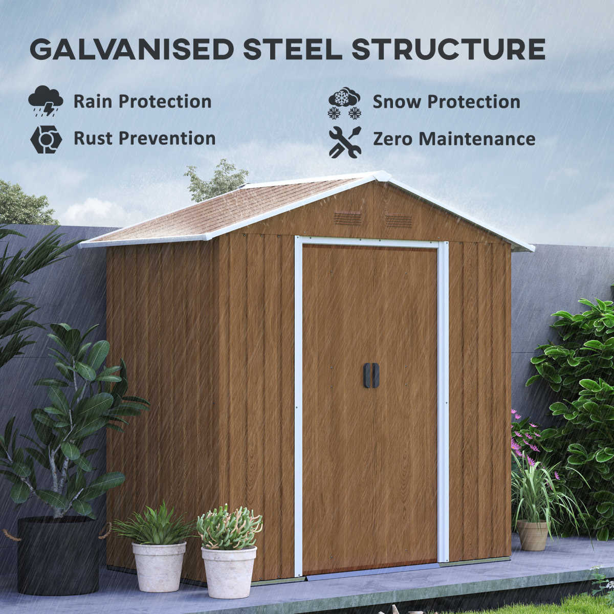 6.5x3.5ft Metal Garden Shed for Garden, Brown Wood Effect