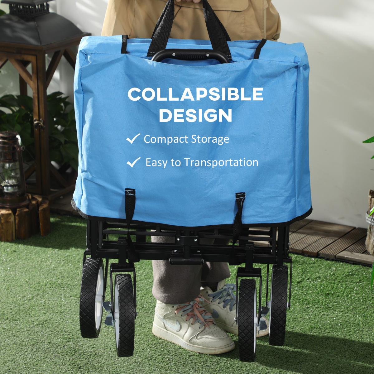 Pull Along Cart Folding Cargo Wagon Trailer Trolley For Beach Garden w/ Handle