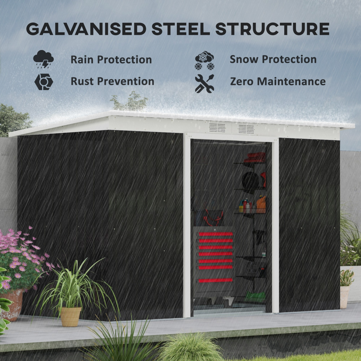 Outdoor Garden Storage Shed w/ 2 Door Galvanised Metal Grey 9 x 4FT