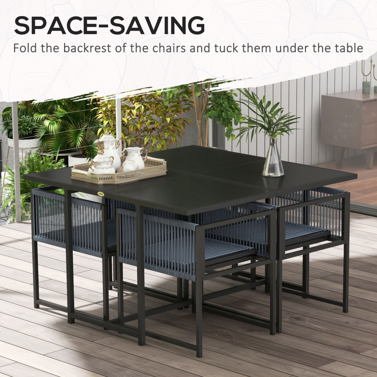 5 Pieces Patio Dining Set with Foldable Back for Poolside, Dark Grey