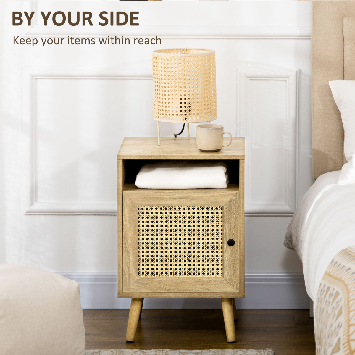 Nightstand, Rattan Bedside Table, Sofa Side Table w/ Cabinet, Shelf
