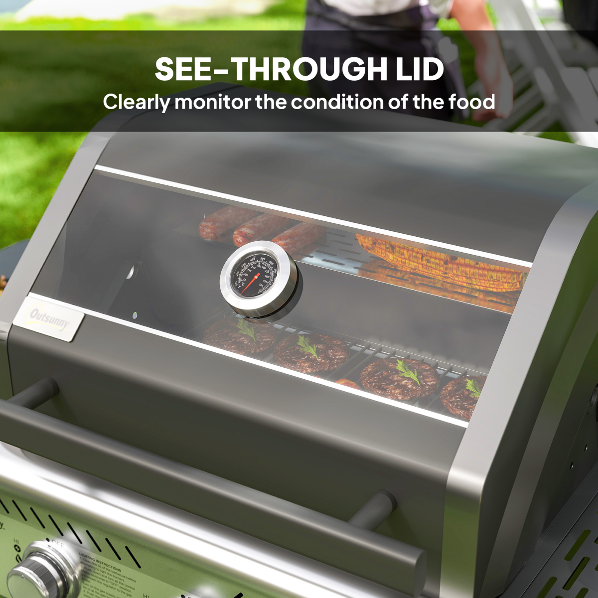 Propane Gas BBQ Grill with See-through Lid and Thermometer 3 Burner