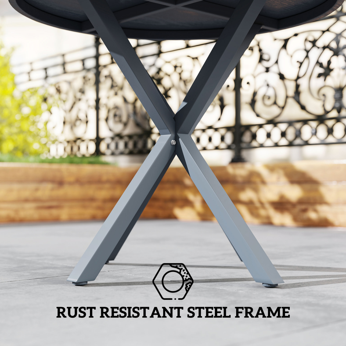 Garden Table with Steel Frame, Wood Effect Top, for Balcony, Deck