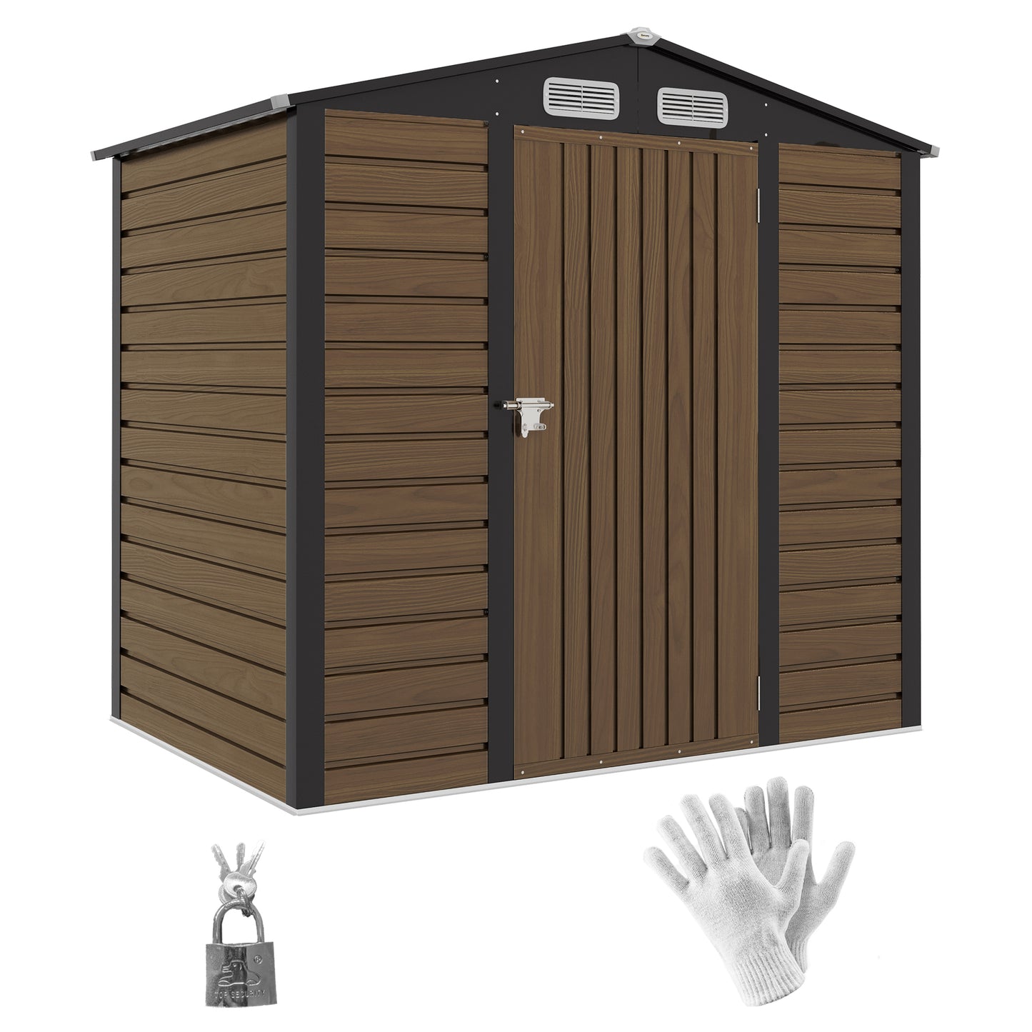 6.2 x 4.3ft Garden Metal Shed with Vent for Garden, Patio, Oak