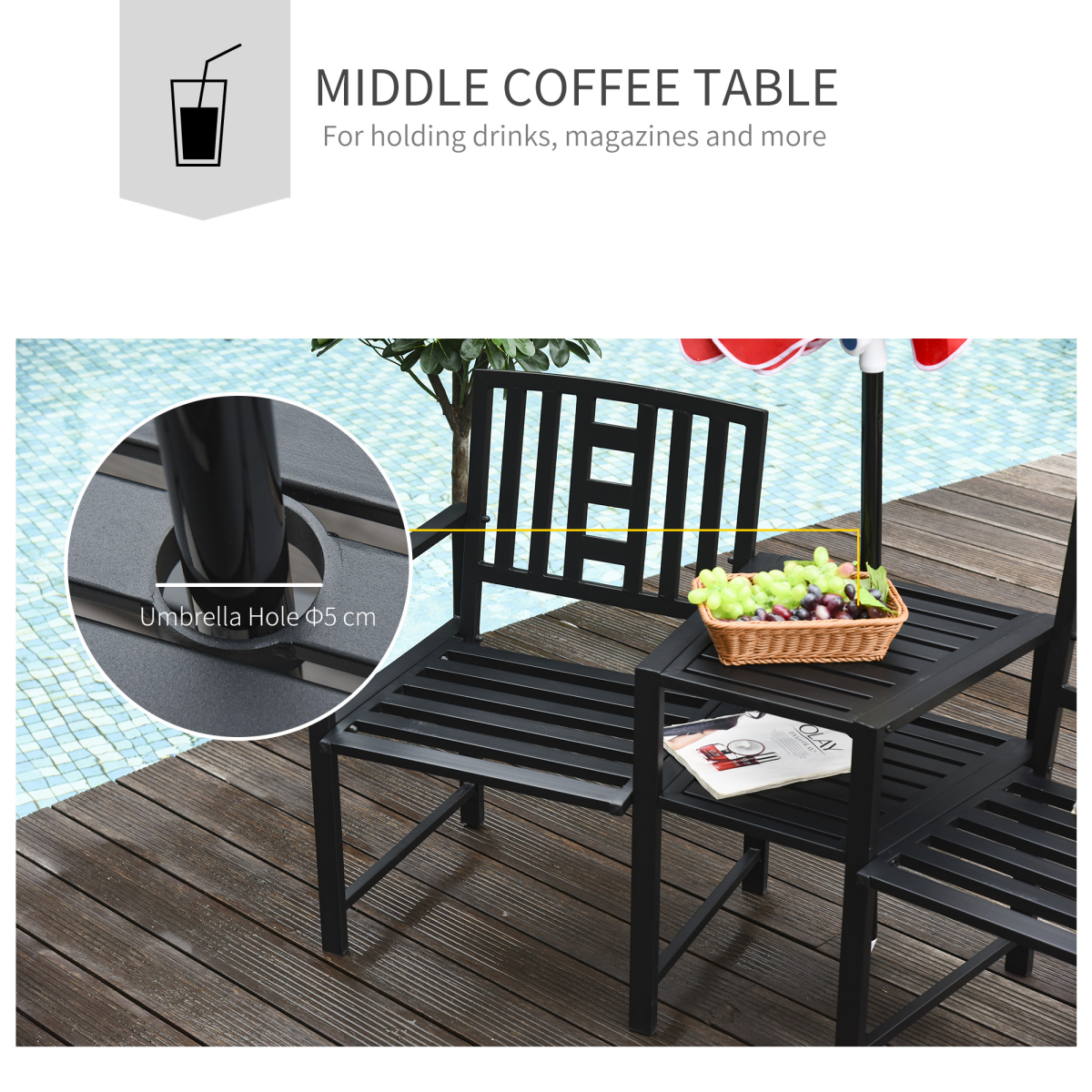 Garden Chair Bench Loveseats w/Coffee Table Slatted Design Patio Yard 2 Seat