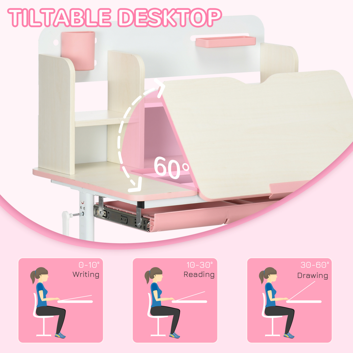 Kids Desk and Chair Set with Storage Shelves, Washable Cover - Pink