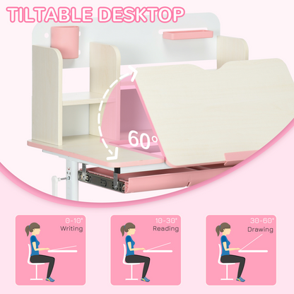 Kids Desk and Chair Set with Storage Shelves, Washable Cover - Pink