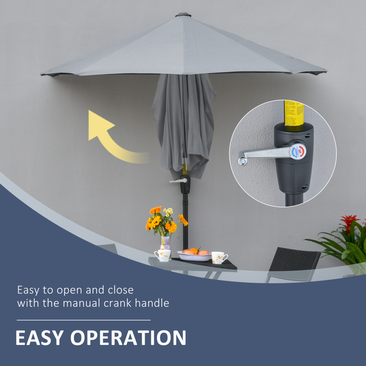 2m Half Garden Parasol Market Umbrella w/ Crank Handle, Base Dark Grey