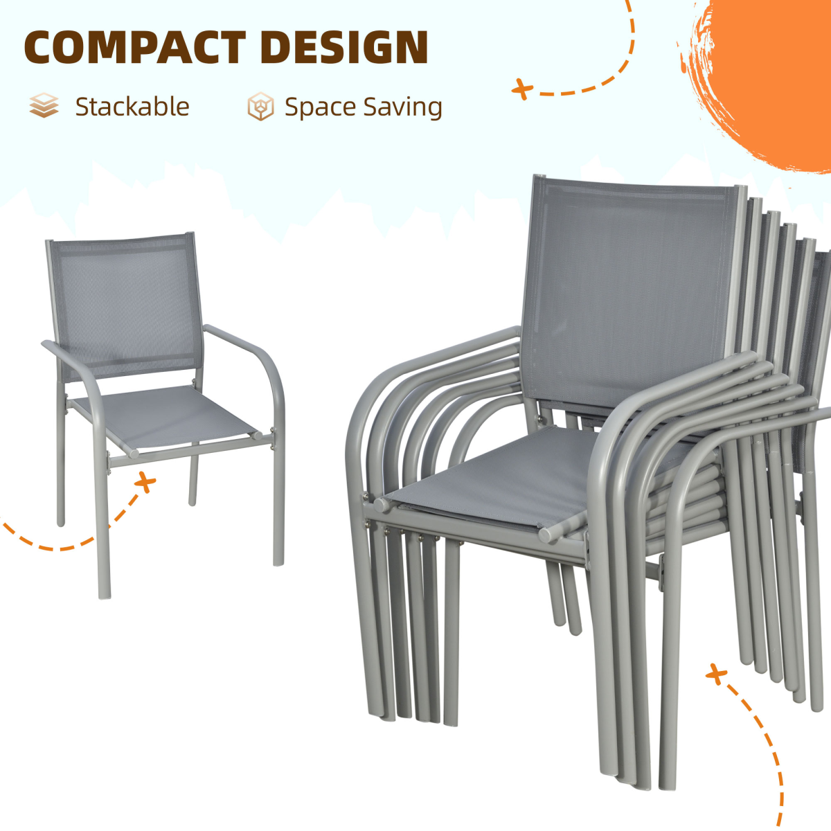 7 Piece Garden Dining Set, Steel Outdoor Table and Chairs, Grey