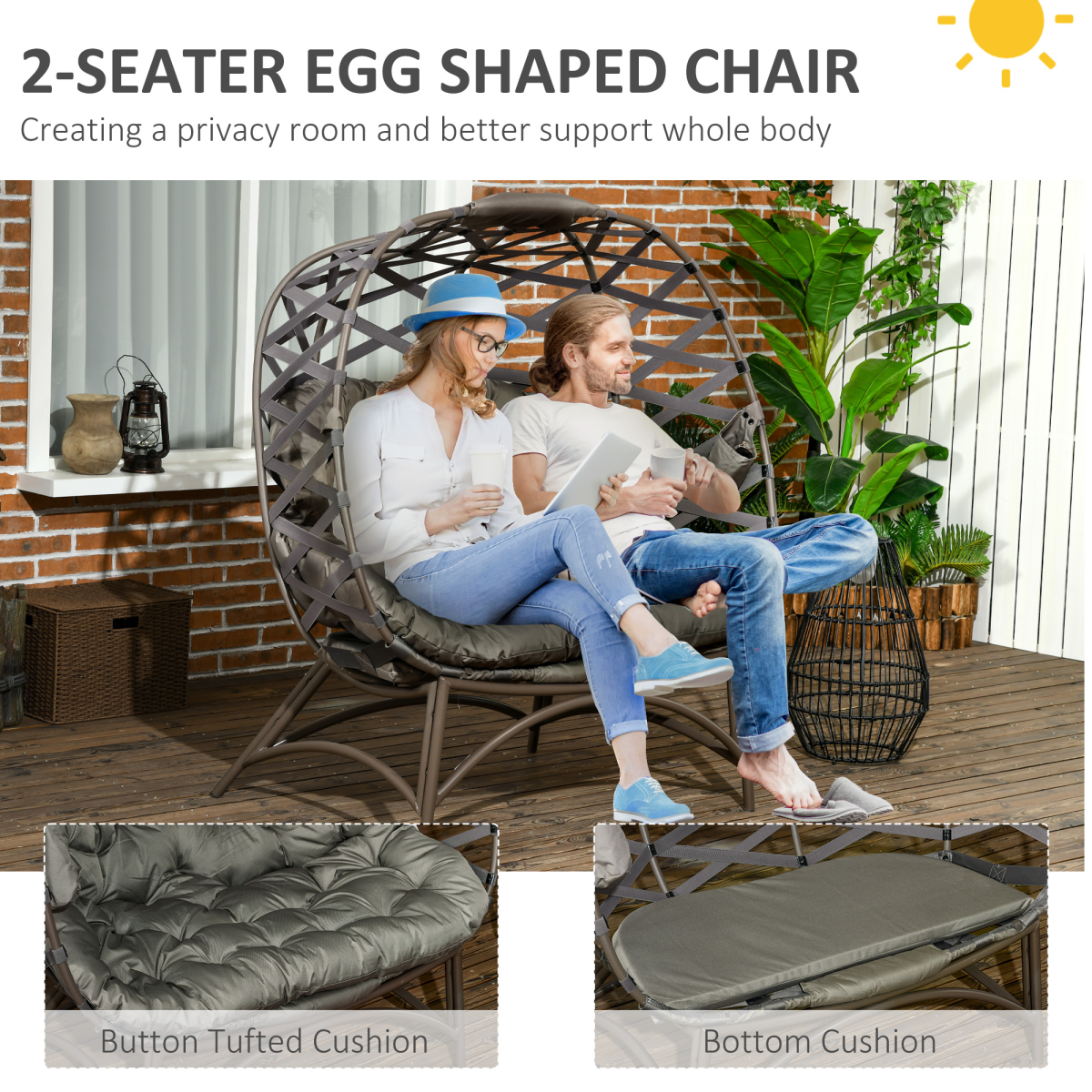 2 Seater Egg Chair Outdoor with Cushion, Cup Pockets - Sand Brown