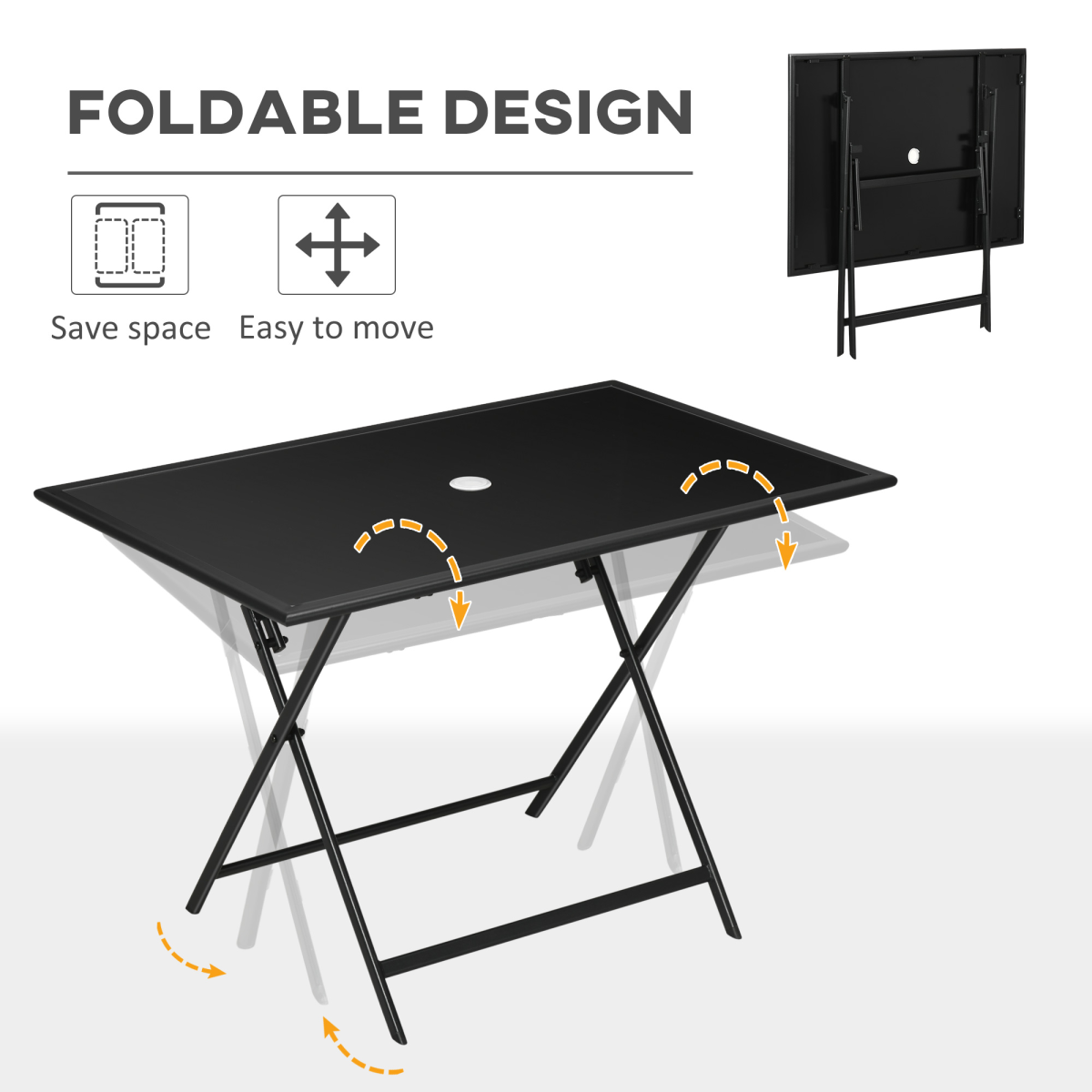 Folding Outdoor Table for 6, Rectangle Glass Top with Parasol Hole 110x70x70cm