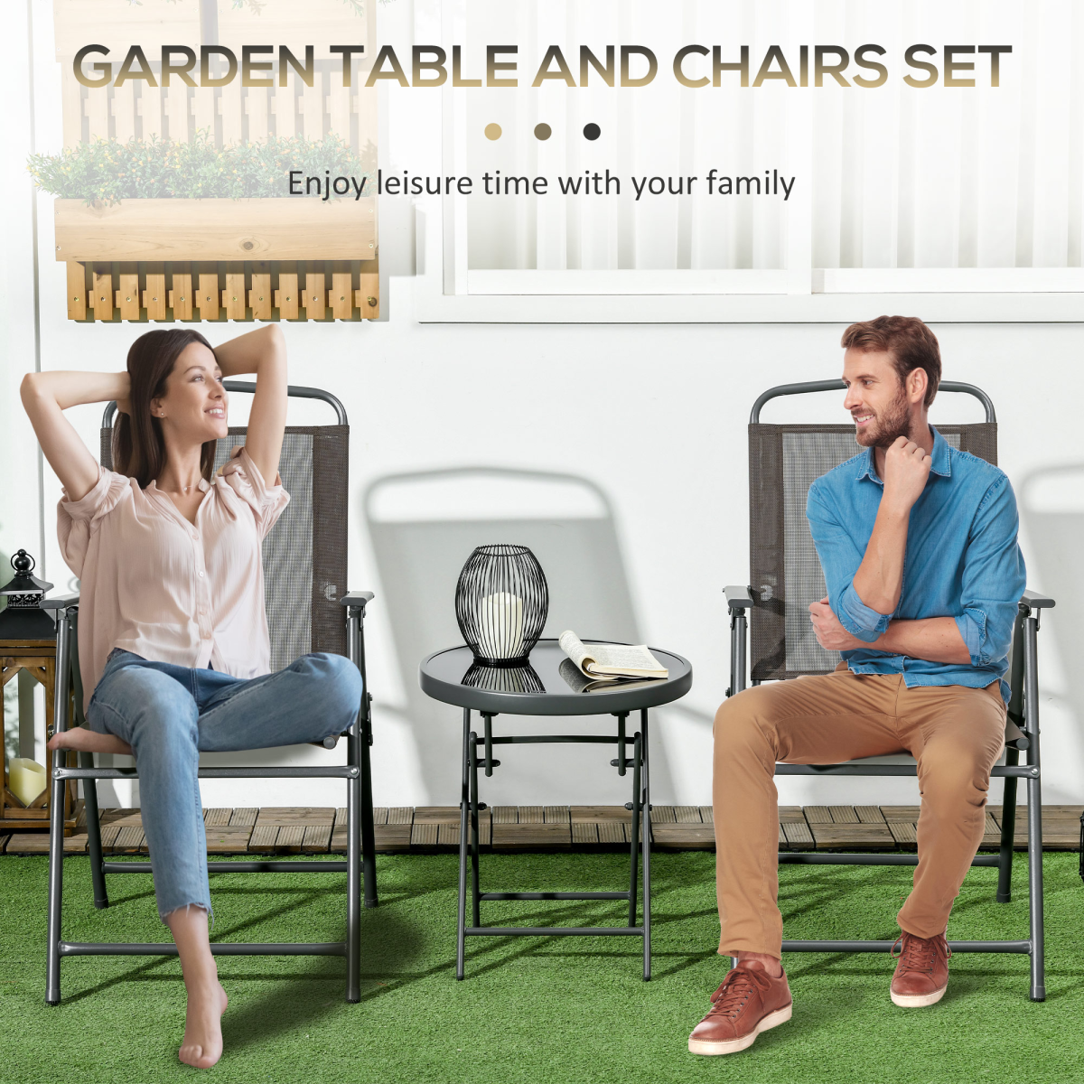 Patio Bistro Set Folding Chairs & Coffee Table for Balcony, Brown