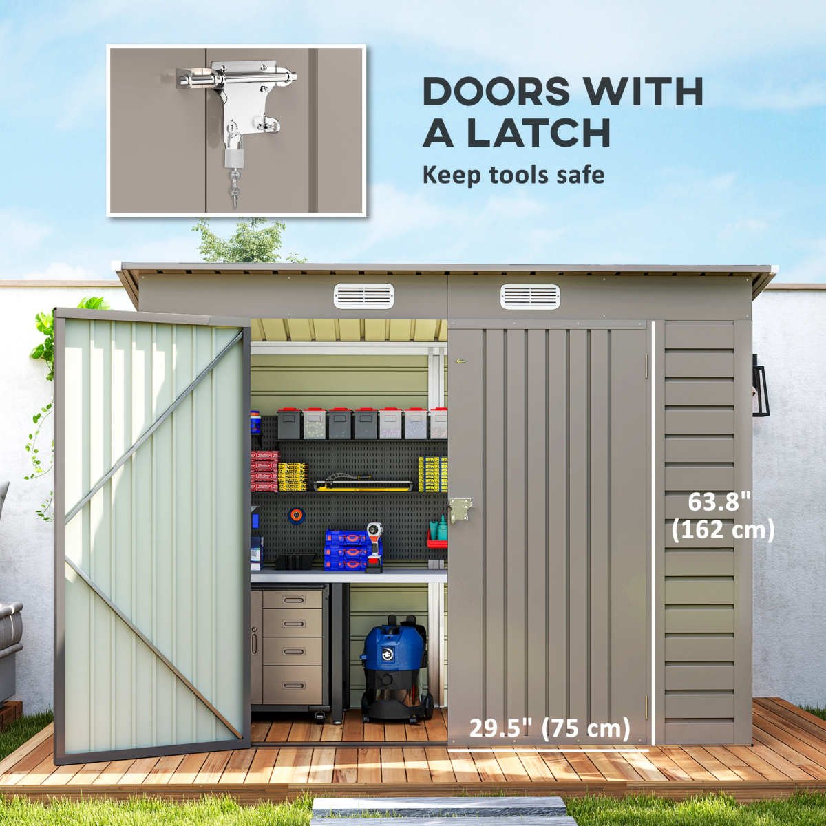 8 x 4FT Metal Garden Storage Shed with Double Doors, Light Grey