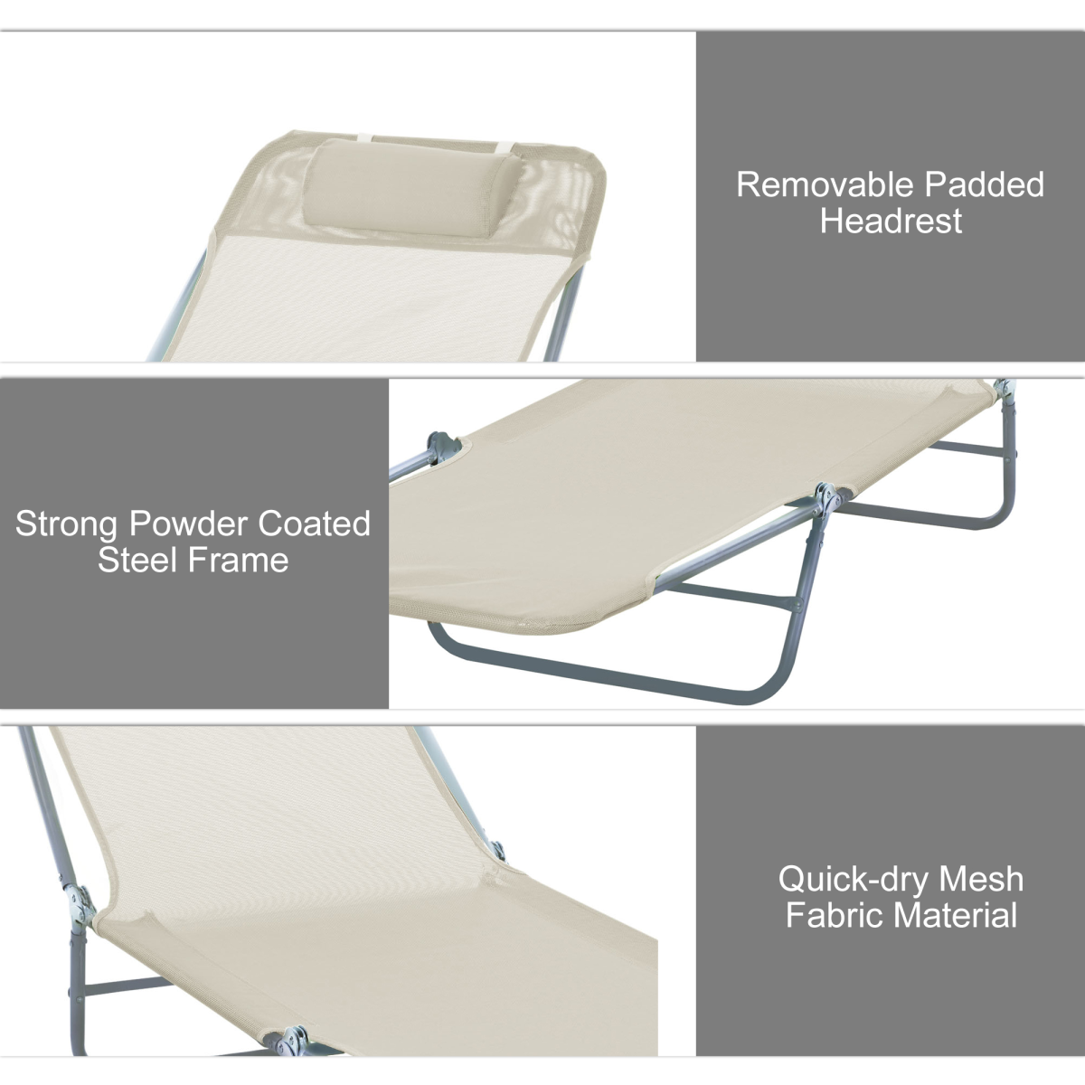Adjustable Sun Bed Garden Lounger Recliner Relaxing Camping Beige