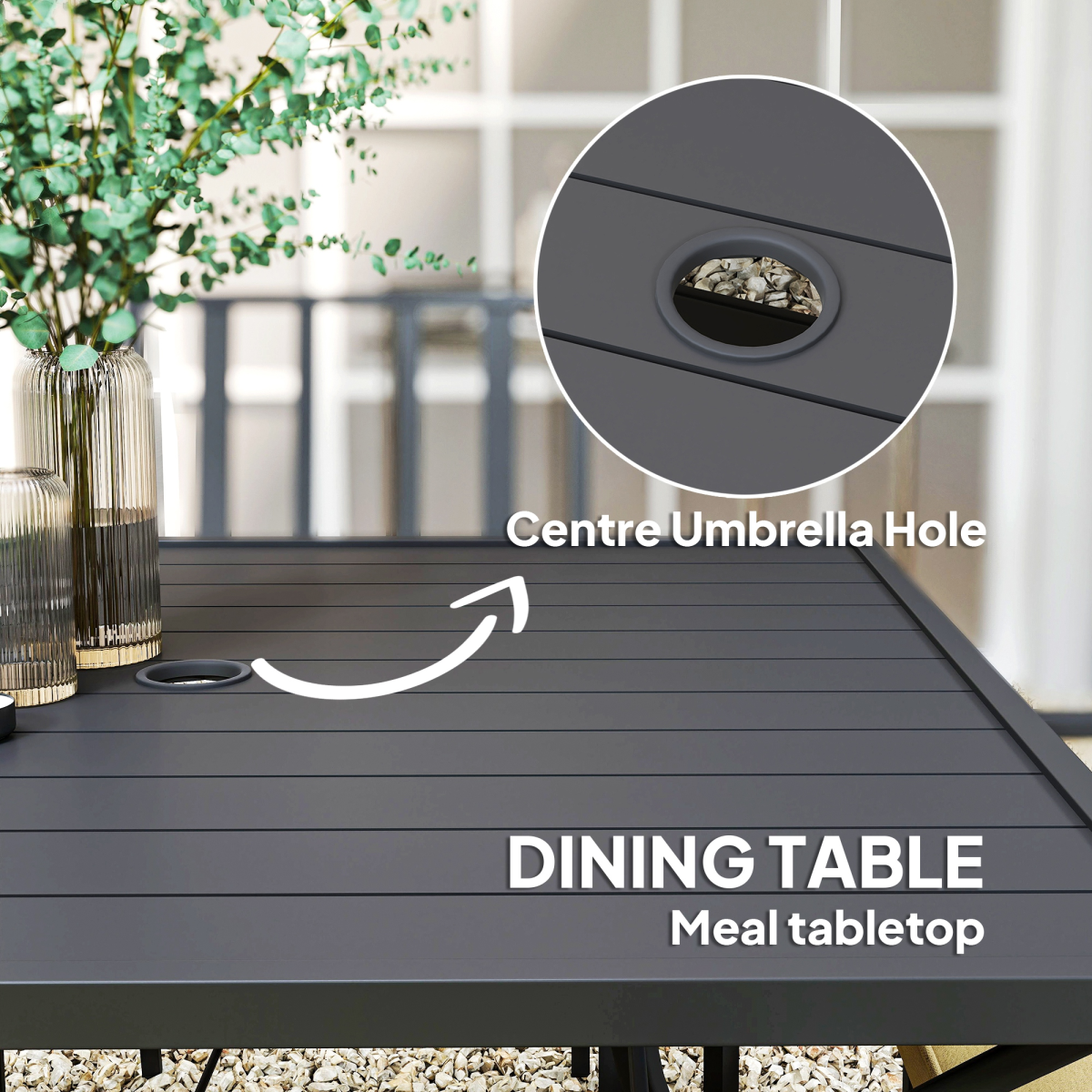 Garden Dining Set w/ 4 Stackable Cushioned Chairs and Metal Top Table