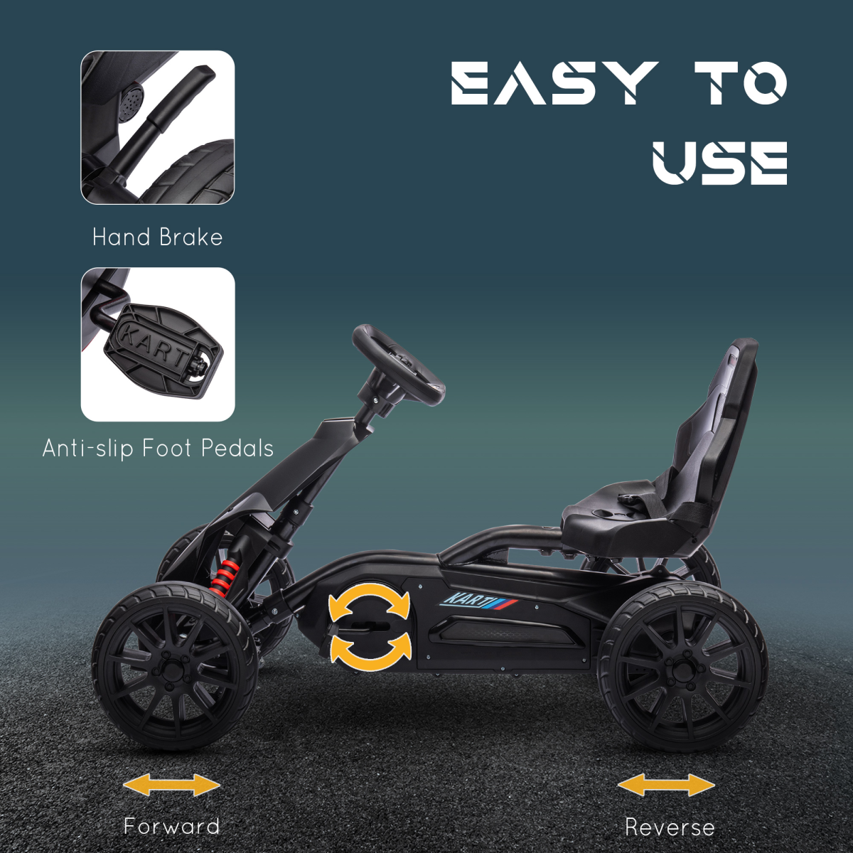 Children Pedal Go Kart with Adjustable Seat, Handbrake - Black