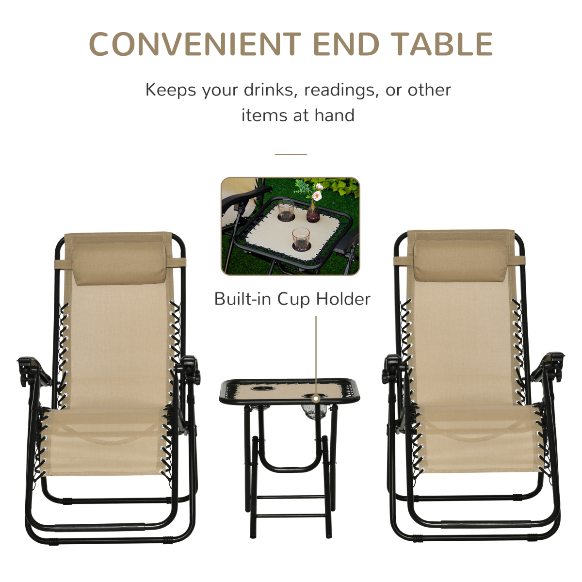 Zero Gravity Chairs Sun Lounger Table Set w/ Cup Holders, Beige 3PC