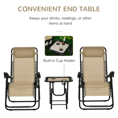 Zero Gravity Chairs Sun Lounger Table Set w/ Cup Holders, Beige 3PC