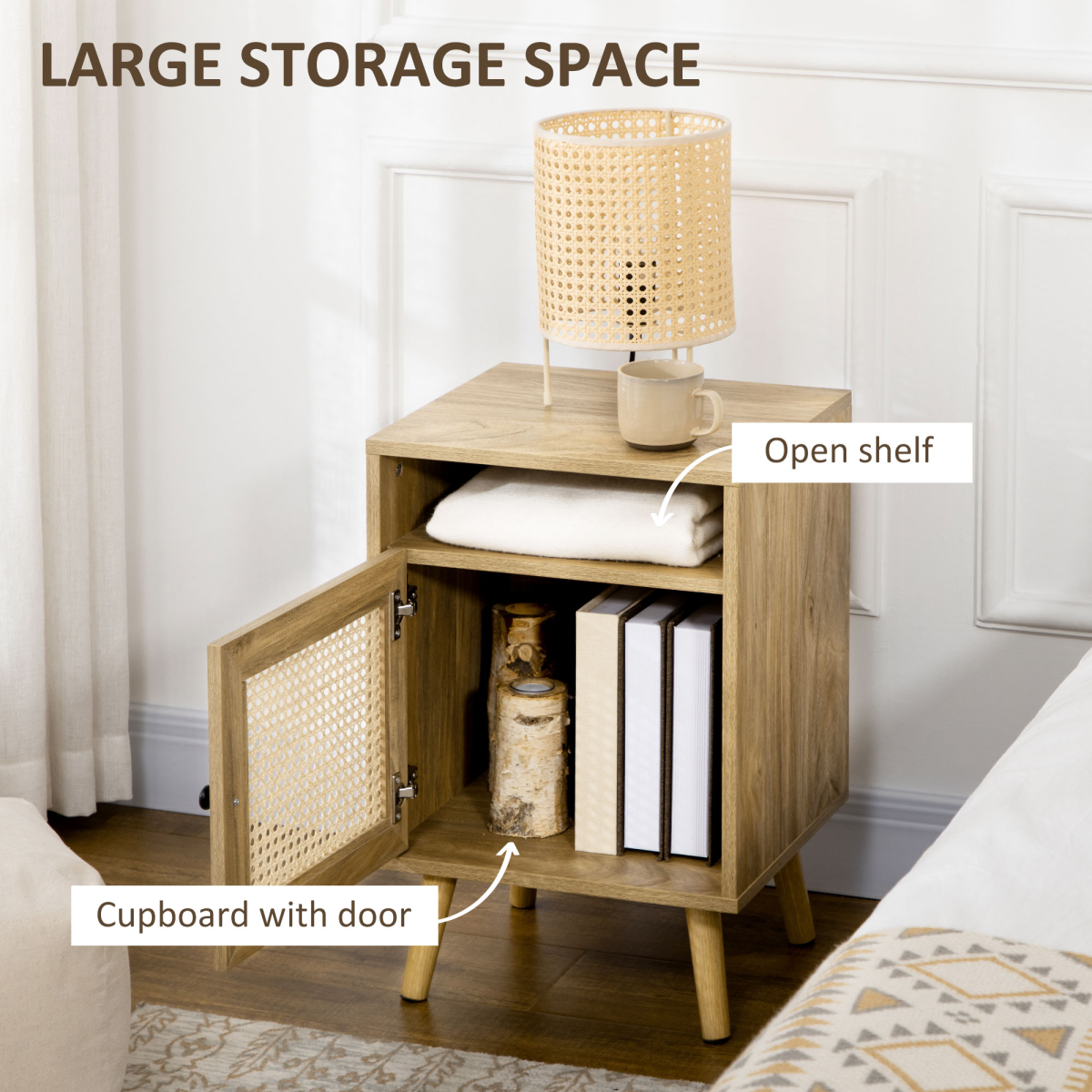 Nightstand, Rattan Bedside Table, Sofa Side Table w/ Cabinet, Shelf