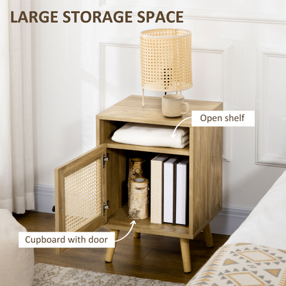 Nightstand, Rattan Bedside Table, Sofa Side Table w/ Cabinet, Shelf