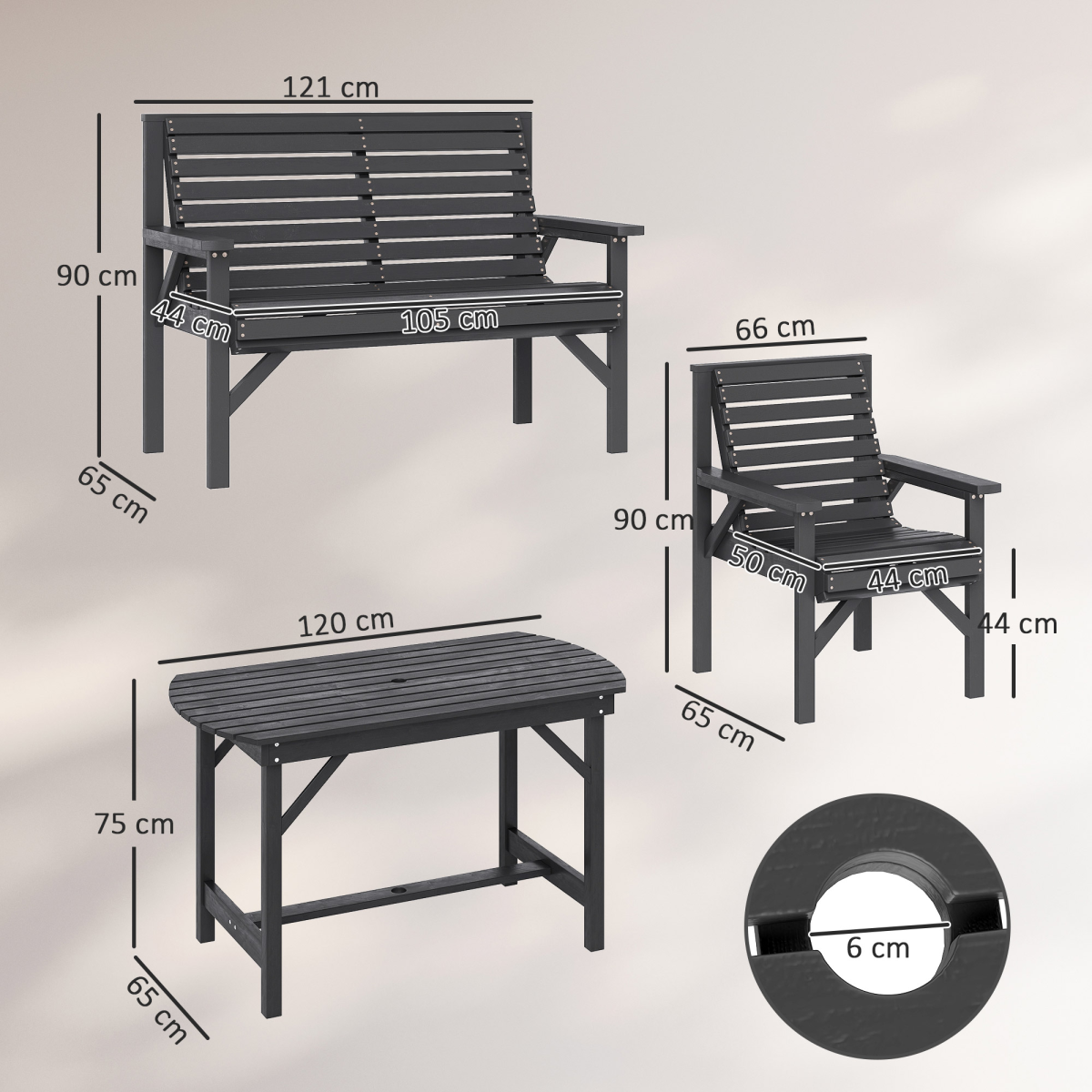 Patio Dining Set Wooden Table and Chairs w/ Umbrella Hole Grey 5PC