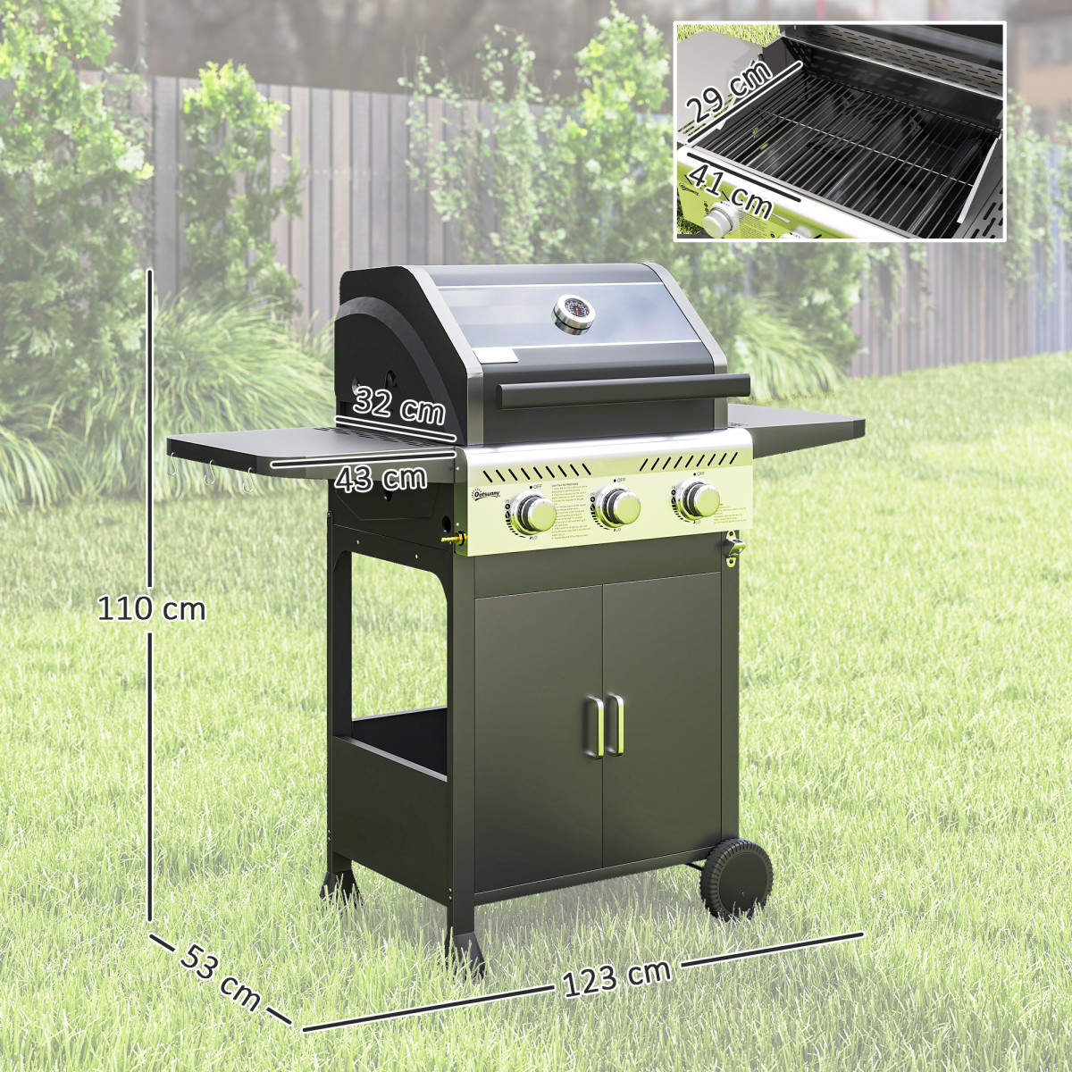 Propane Gas BBQ Grill with See-through Lid and Thermometer 3 Burner