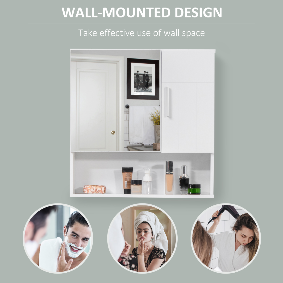 Bathroom Mirror Cabinet Wall Mount Storage Organizer w/ Door, White