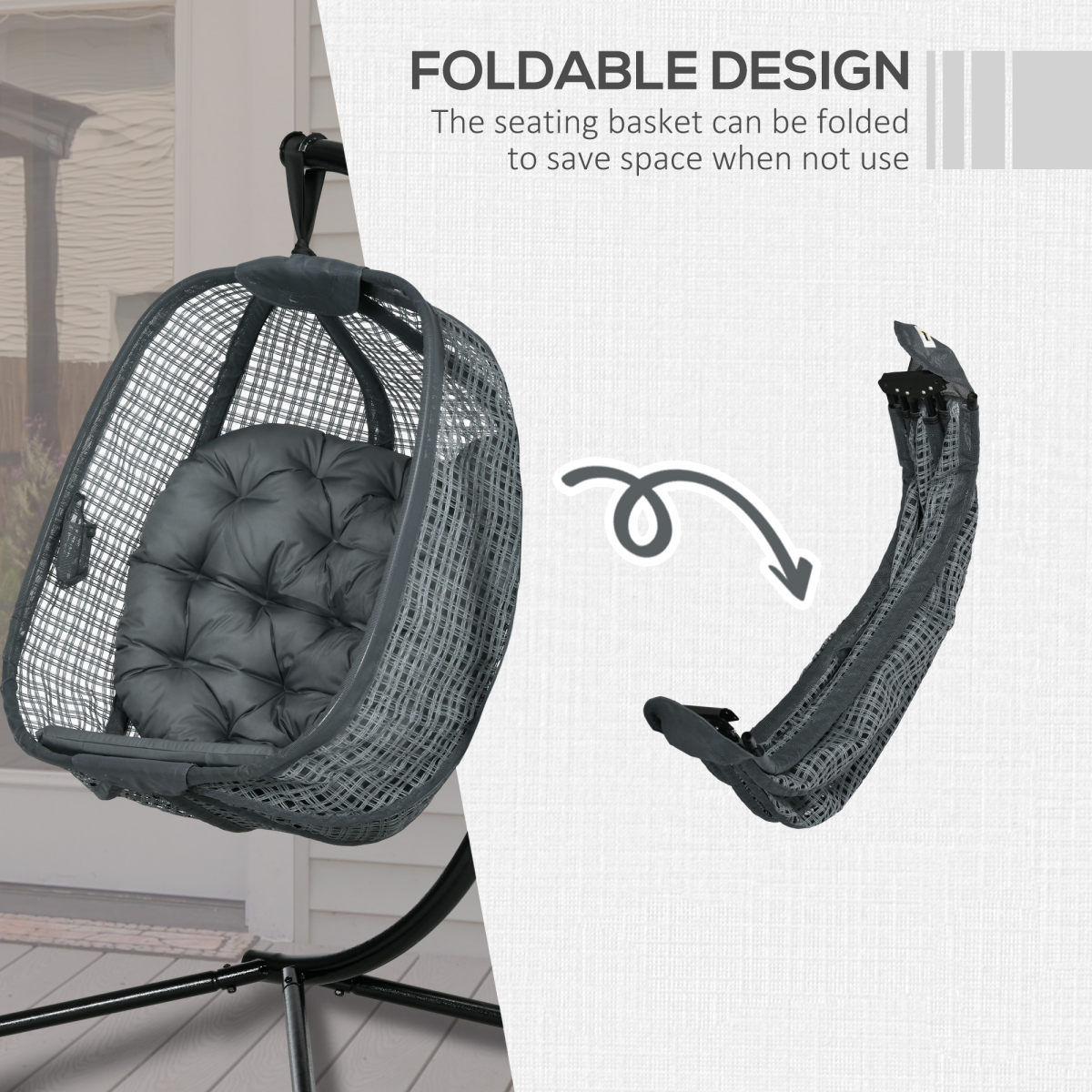 Hanging Swing Chair w/ Thick Cushion, Patio Hanging Chair, Dark Grey