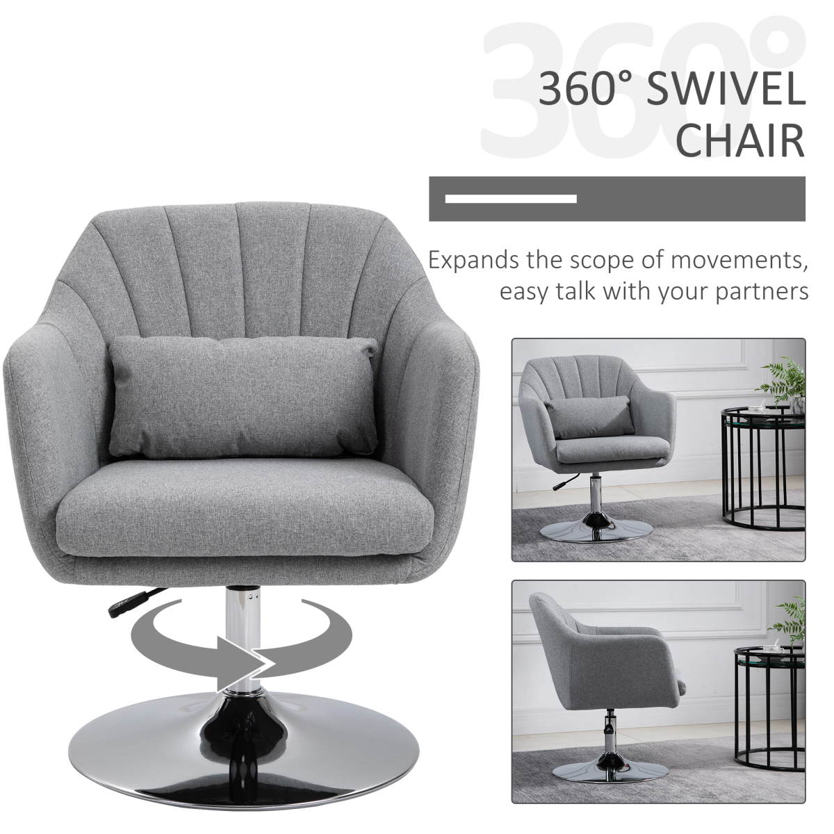 Stylish Retro Linen Swivel Tub Chair Steel Frame Cushion Seat Light Grey