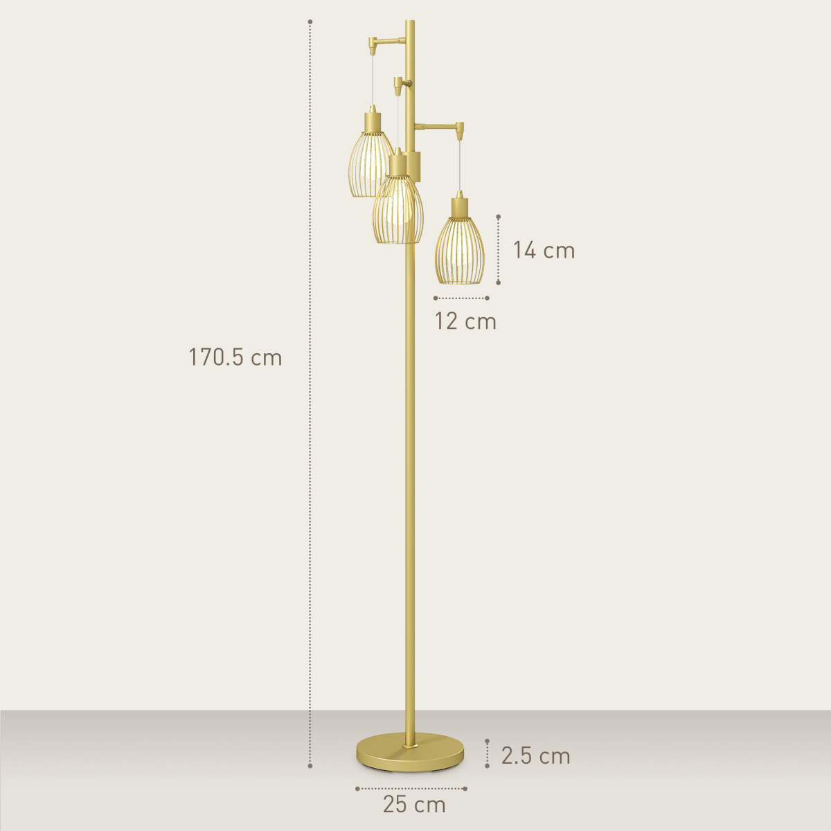 Industrial 3-Light Floor Lamp Dimmable Standing Lamp, Gold