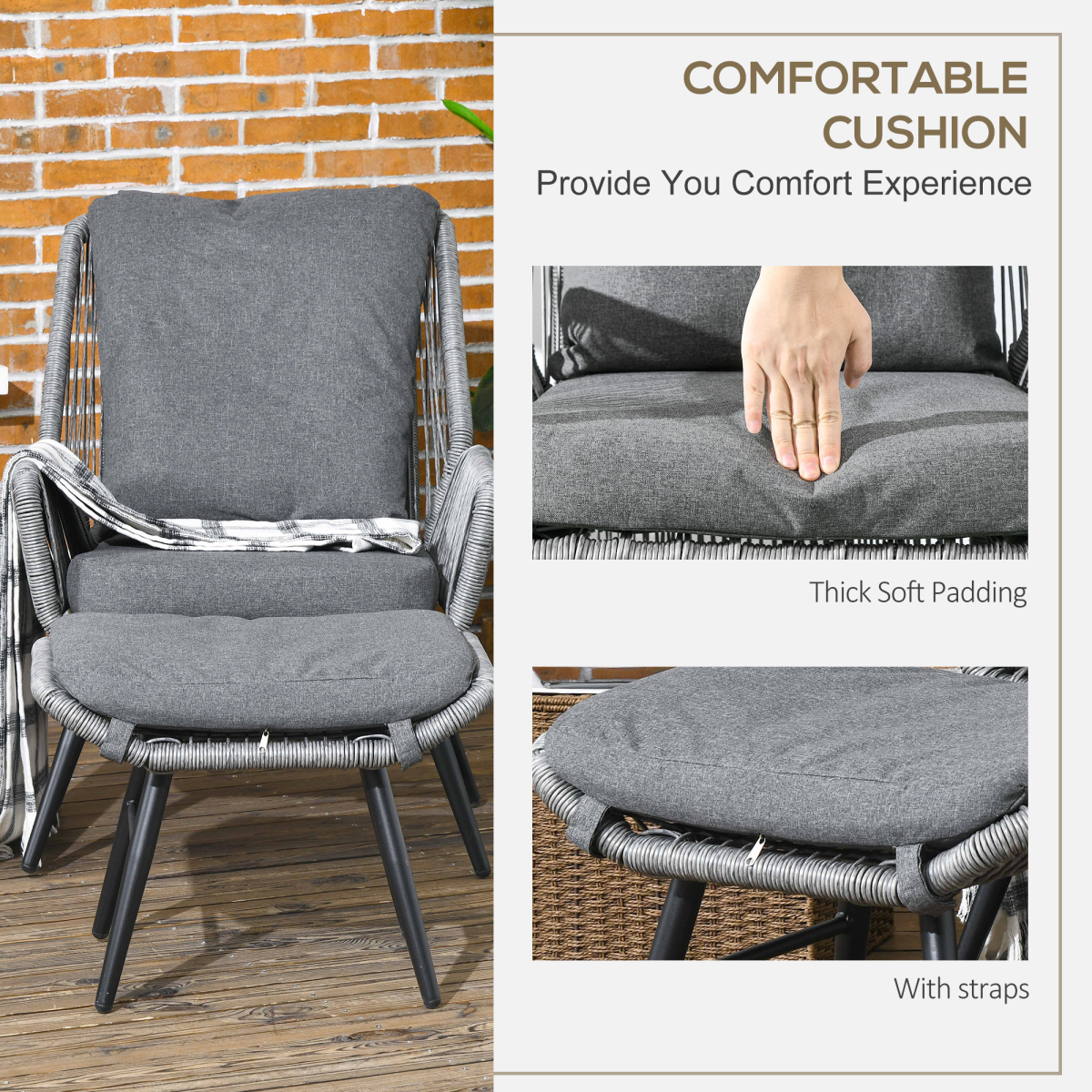 Outsunny Garden Rattan Leisure Chair Set with Adjustable Backrest, Grey