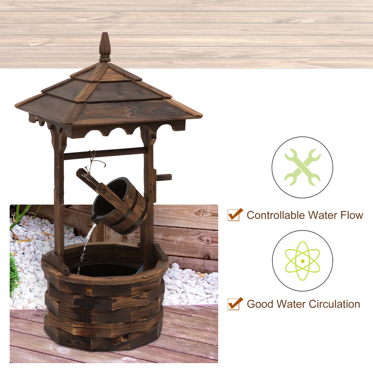 Fir Wood Outdoor Garden Decor Wishing Well Waterfall